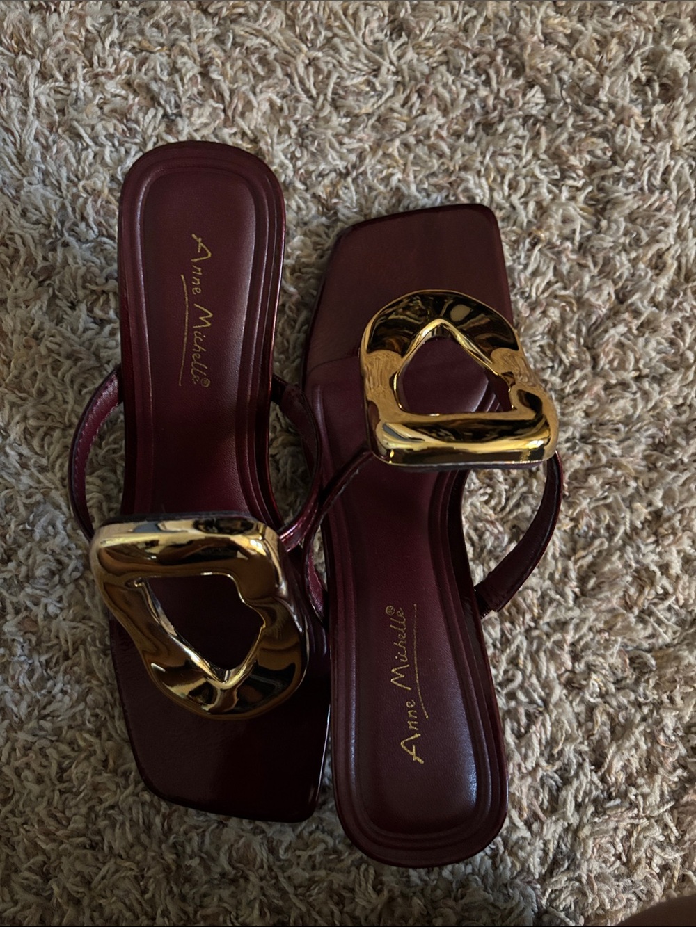 Anne Michelle Burgundy Square-Toe Slide Mules with Gold Hardware
